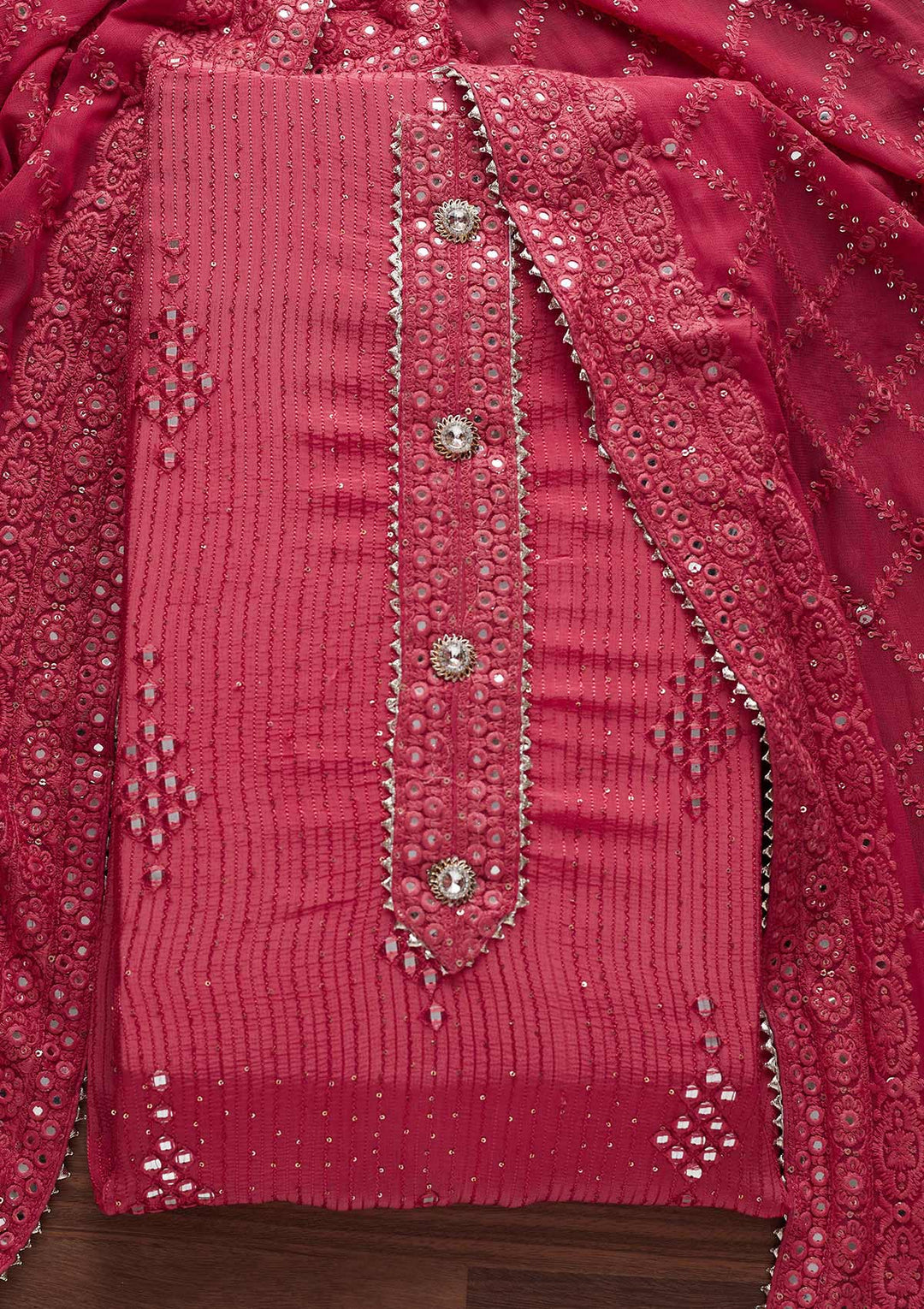 Pink Mirrorwork Georgette Designer Unstitched Salwar Suit - Koskii
