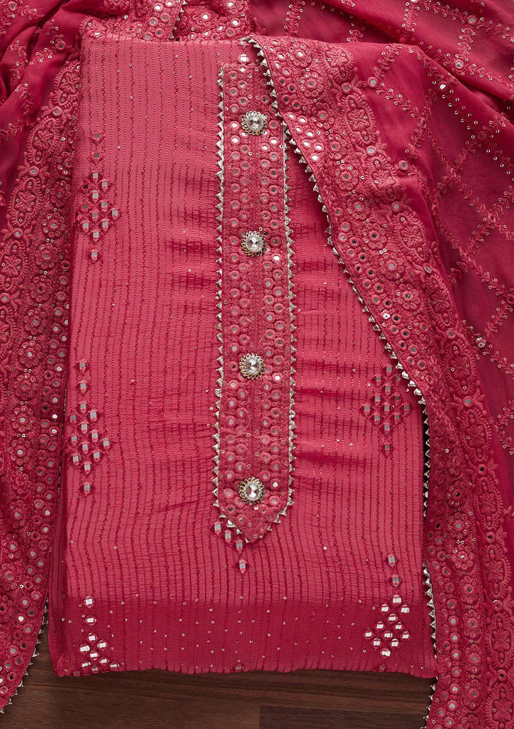 Pink Mirrorwork Georgette Designer Unstitched Salwar Suit - Koskii