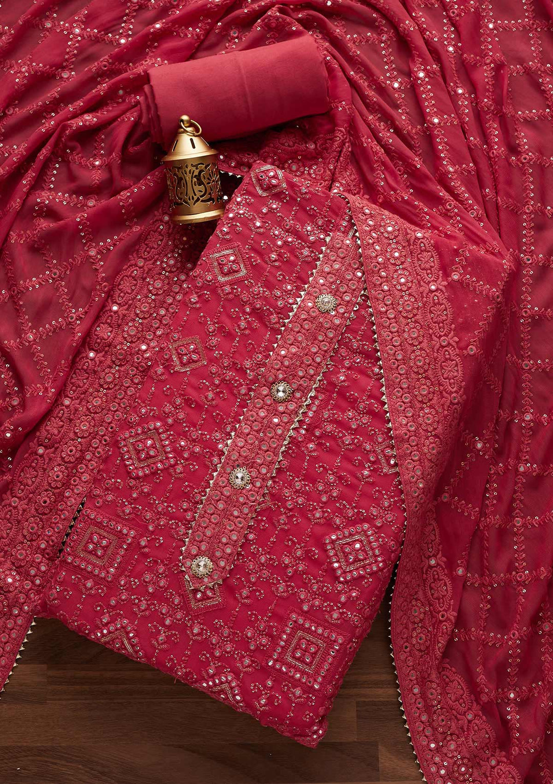 Pink Mirrorwork Georgette Designer Unstitched Salwar Suit - Koskii