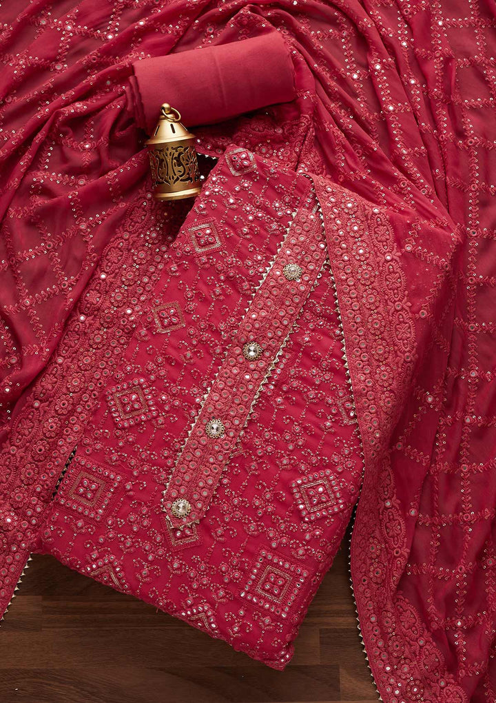 Pink Mirrorwork Georgette Designer Unstitched Salwar Suit - Koskii