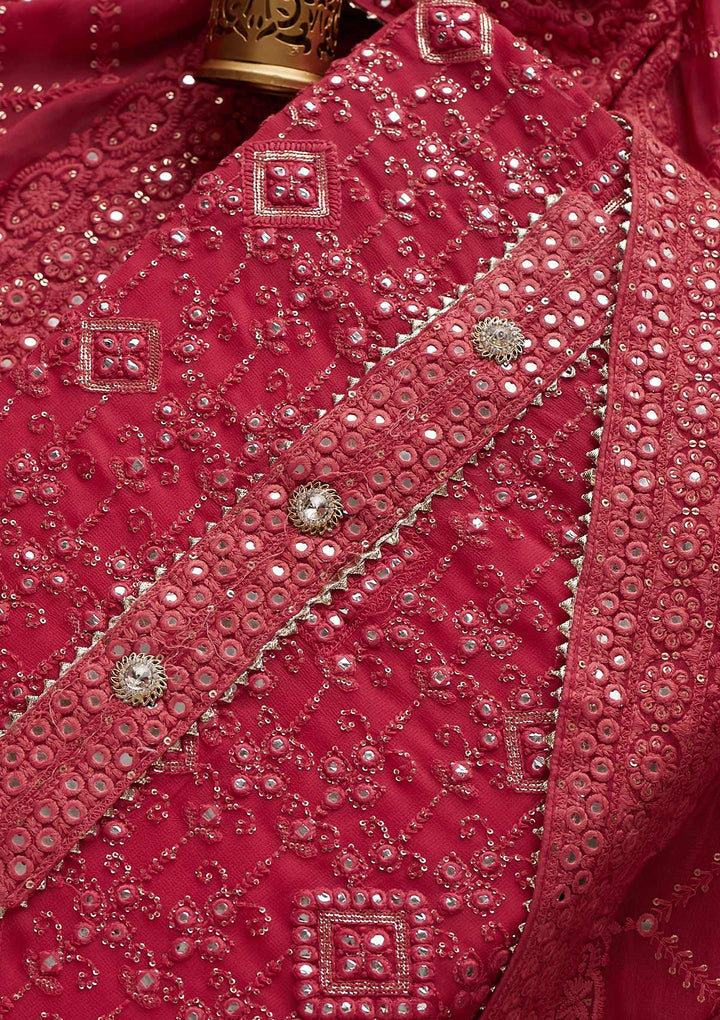 Pink Mirrorwork Georgette Designer Unstitched Salwar Suit - Koskii