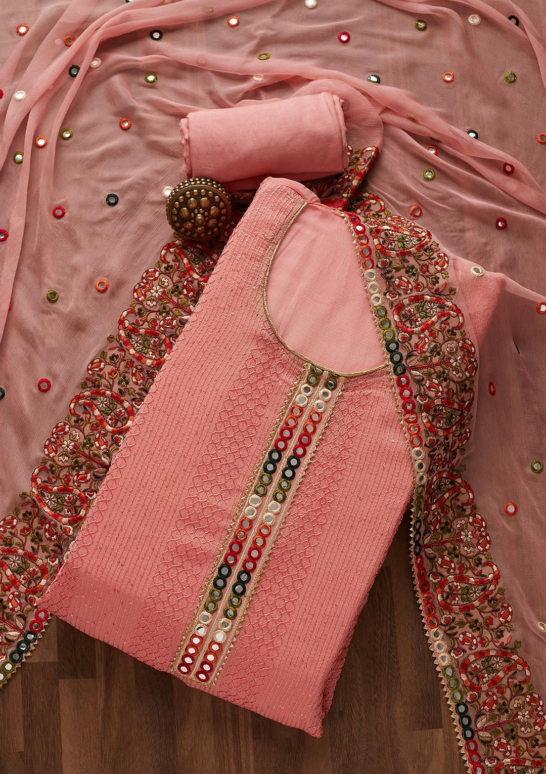 Pink Mirrorwork Georgette Designer Unstitched Salwar Suit - Koskii