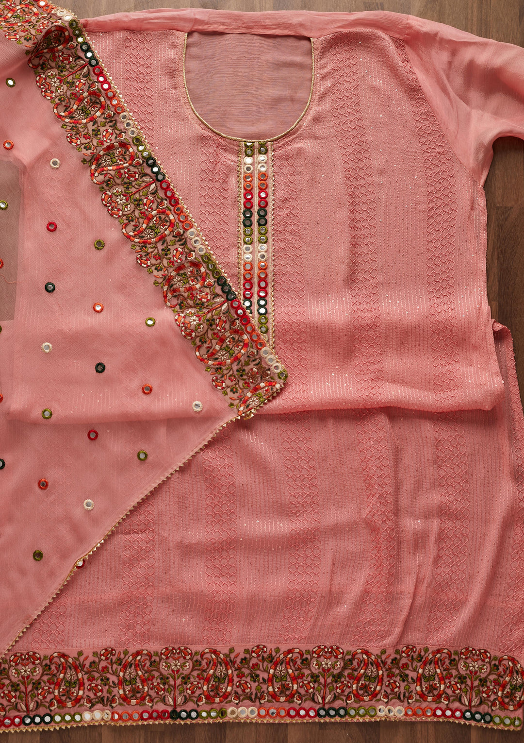 Pink Mirrorwork Georgette Designer Unstitched Salwar Suit - Koskii