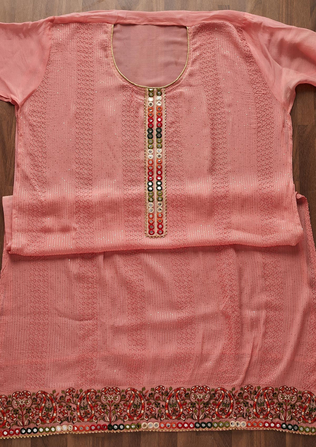 Pink Mirrorwork Georgette Designer Unstitched Salwar Suit - Koskii