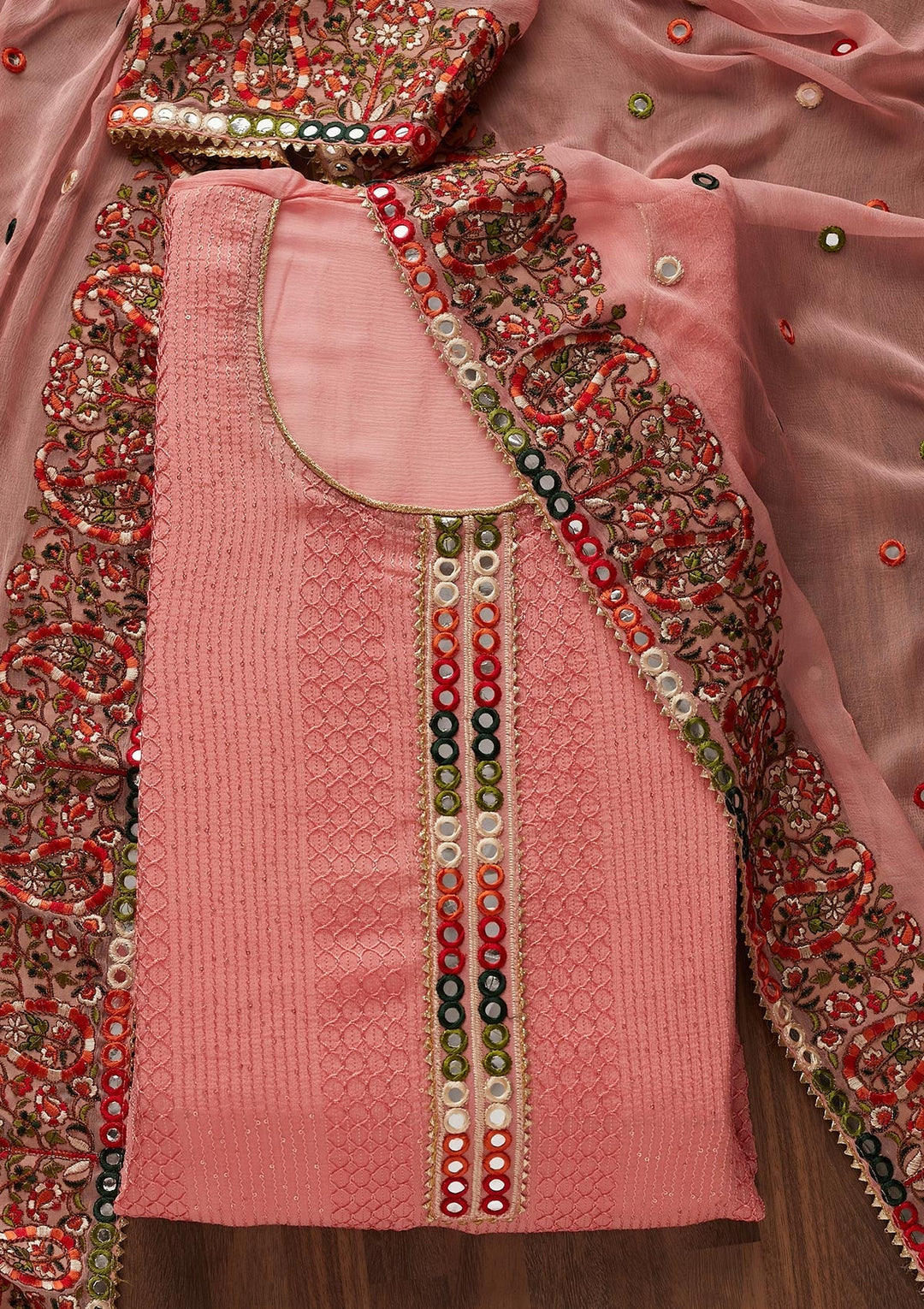 Pink Mirrorwork Georgette Designer Unstitched Salwar Suit - Koskii