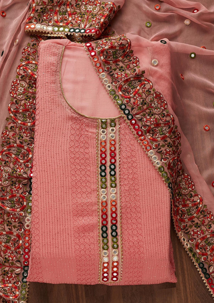 Pink Mirrorwork Georgette Designer Unstitched Salwar Suit - Koskii