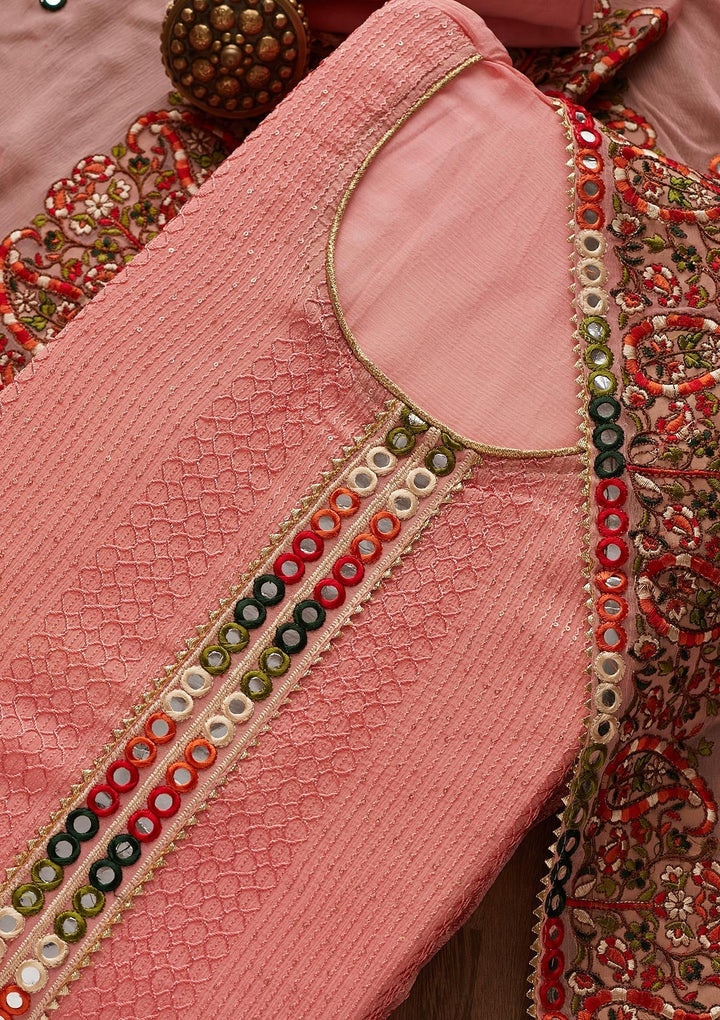 Pink Mirrorwork Georgette Designer Unstitched Salwar Suit - Koskii