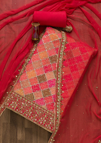 Pink Mirrorwork Georgette Unstitched Salwar Suit-Koskii