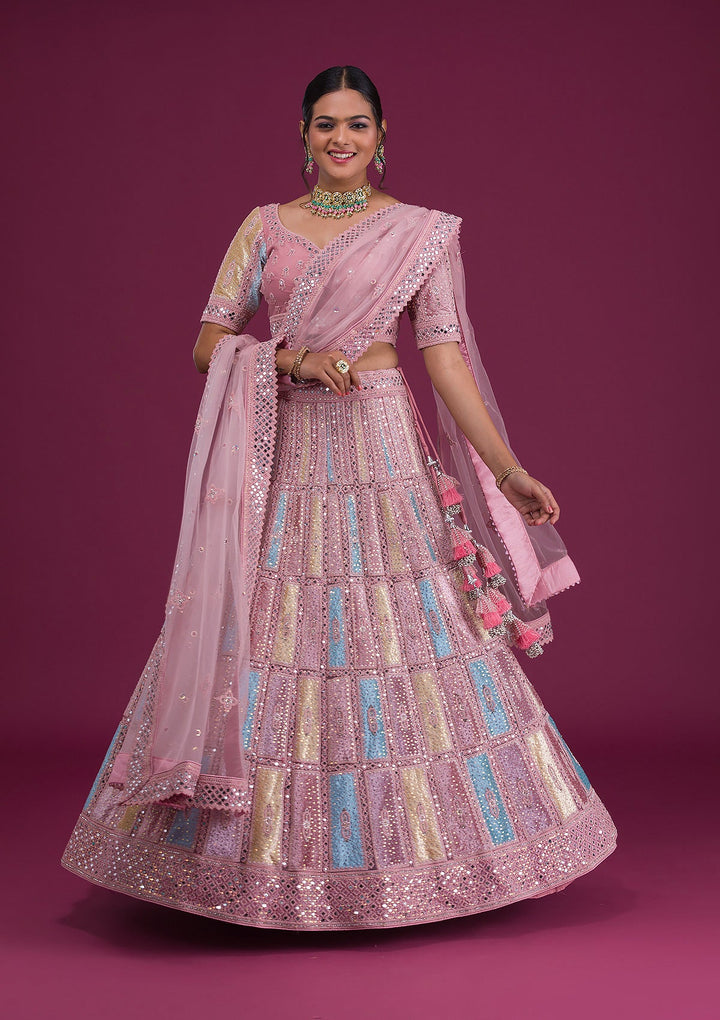 Pink Mirrorwork Net Semi Stitched Lehenga-Koskii