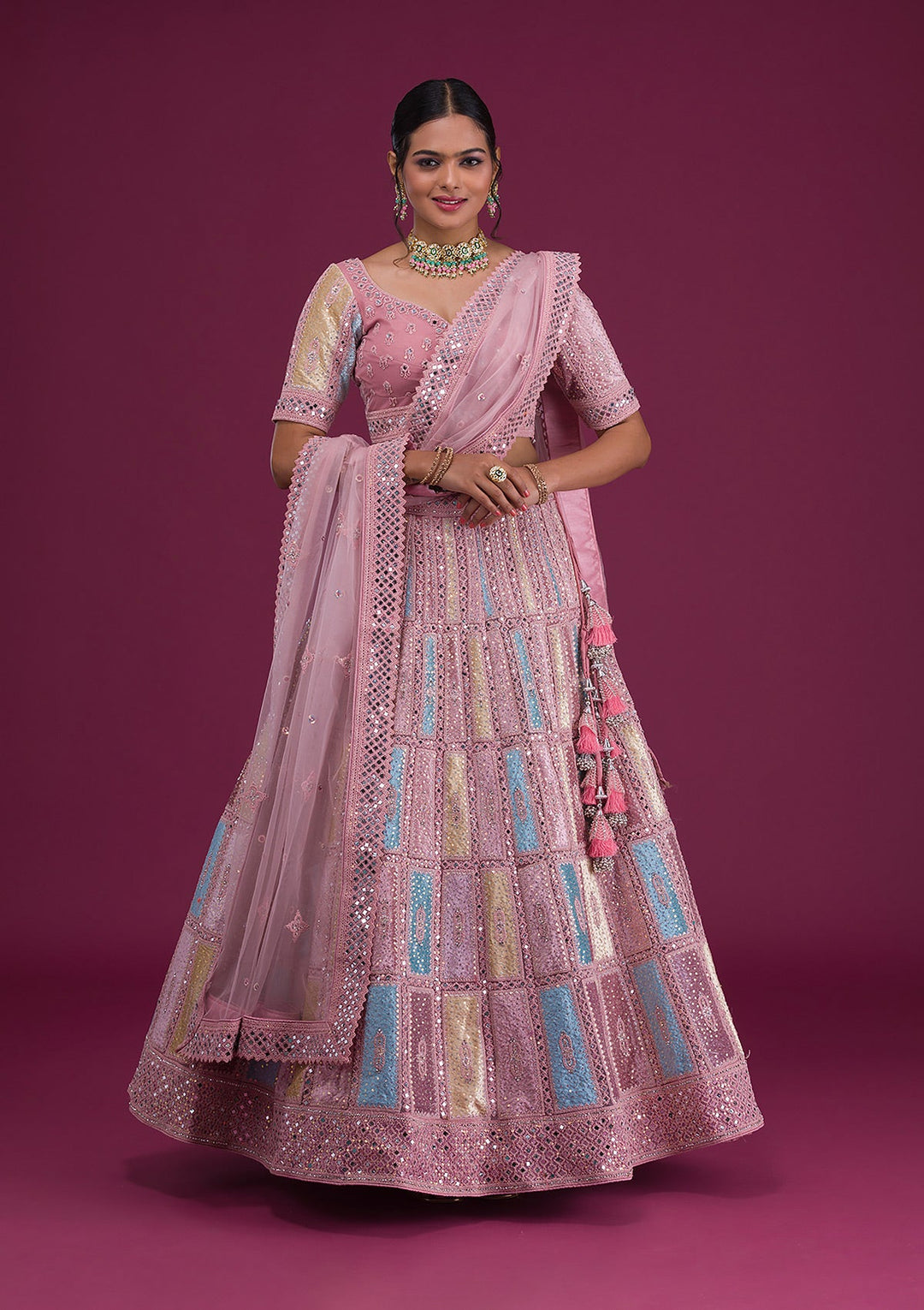 Pink Mirrorwork Net Semi Stitched Lehenga-Koskii