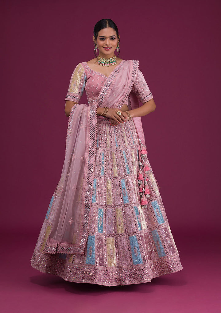 Pink Mirrorwork Net Semi Stitched Lehenga-Koskii