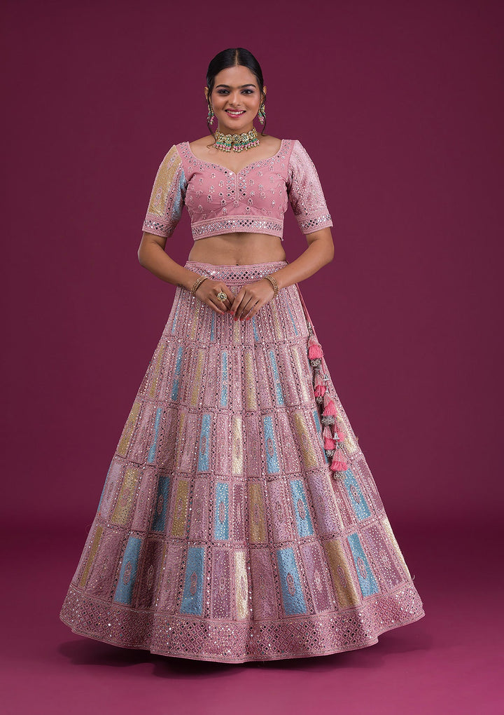 Pink Mirrorwork Net Semi Stitched Lehenga-Koskii