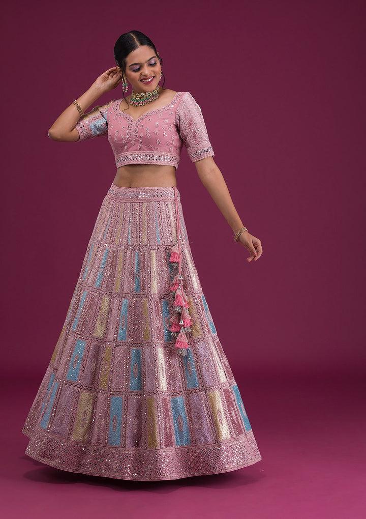 Pink Mirrorwork Net Semi Stitched Lehenga-Koskii