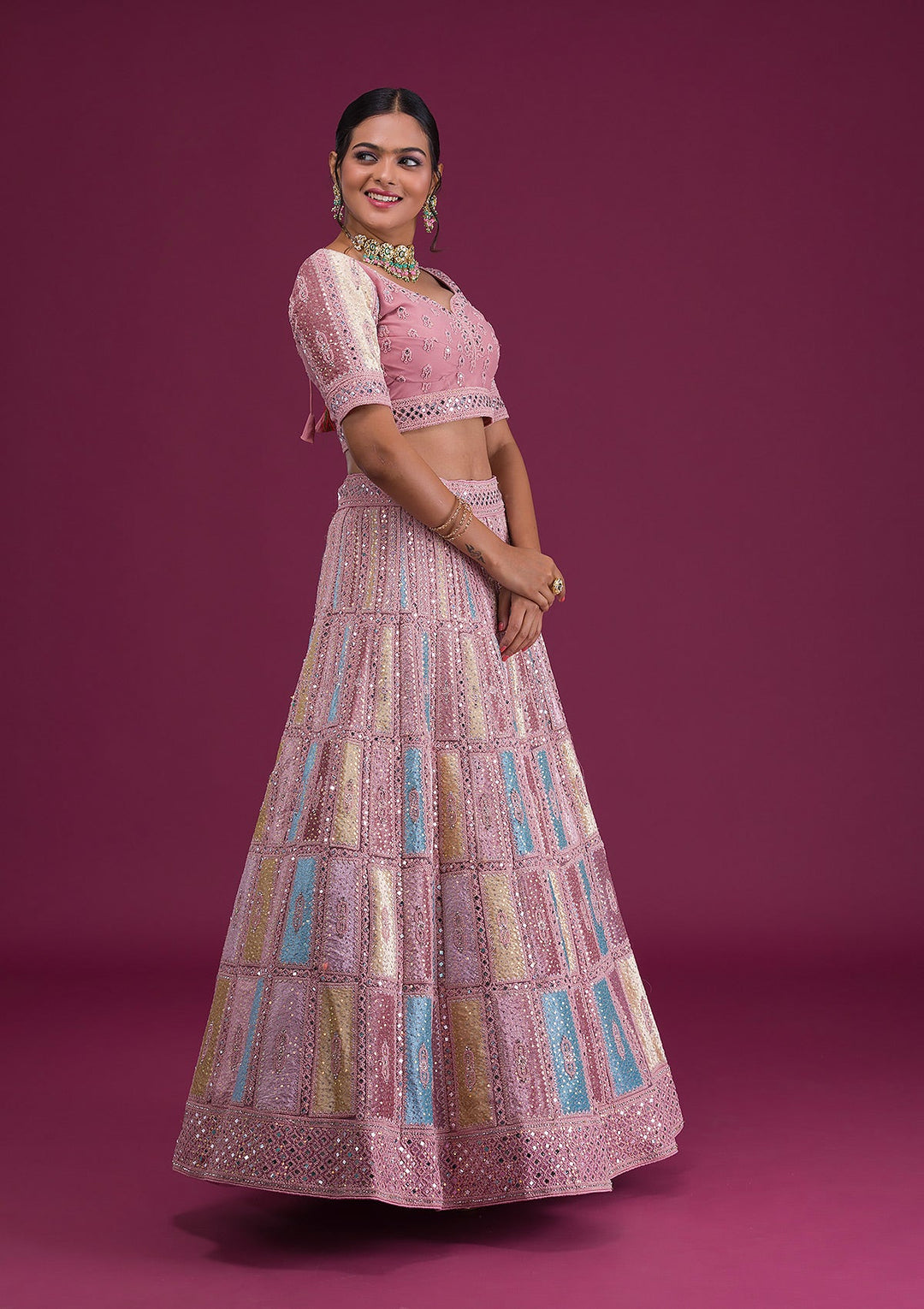 Pink Mirrorwork Net Semi Stitched Lehenga-Koskii