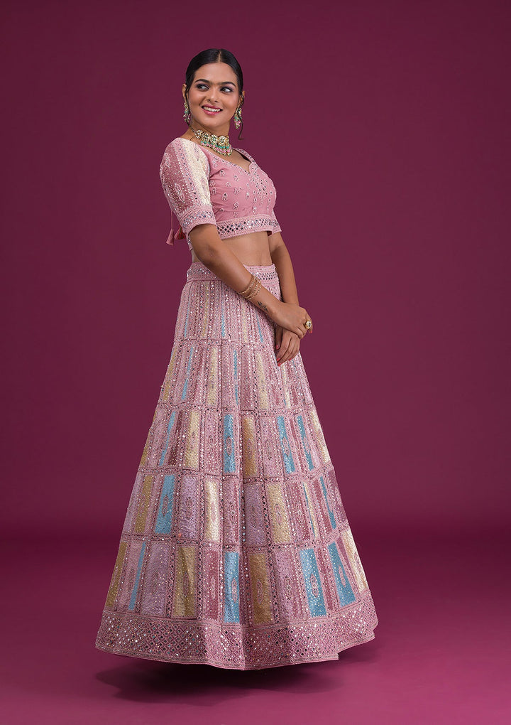 Pink Mirrorwork Net Semi Stitched Lehenga-Koskii