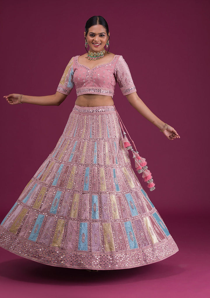 Pink Mirrorwork Net Semi Stitched Lehenga-Koskii