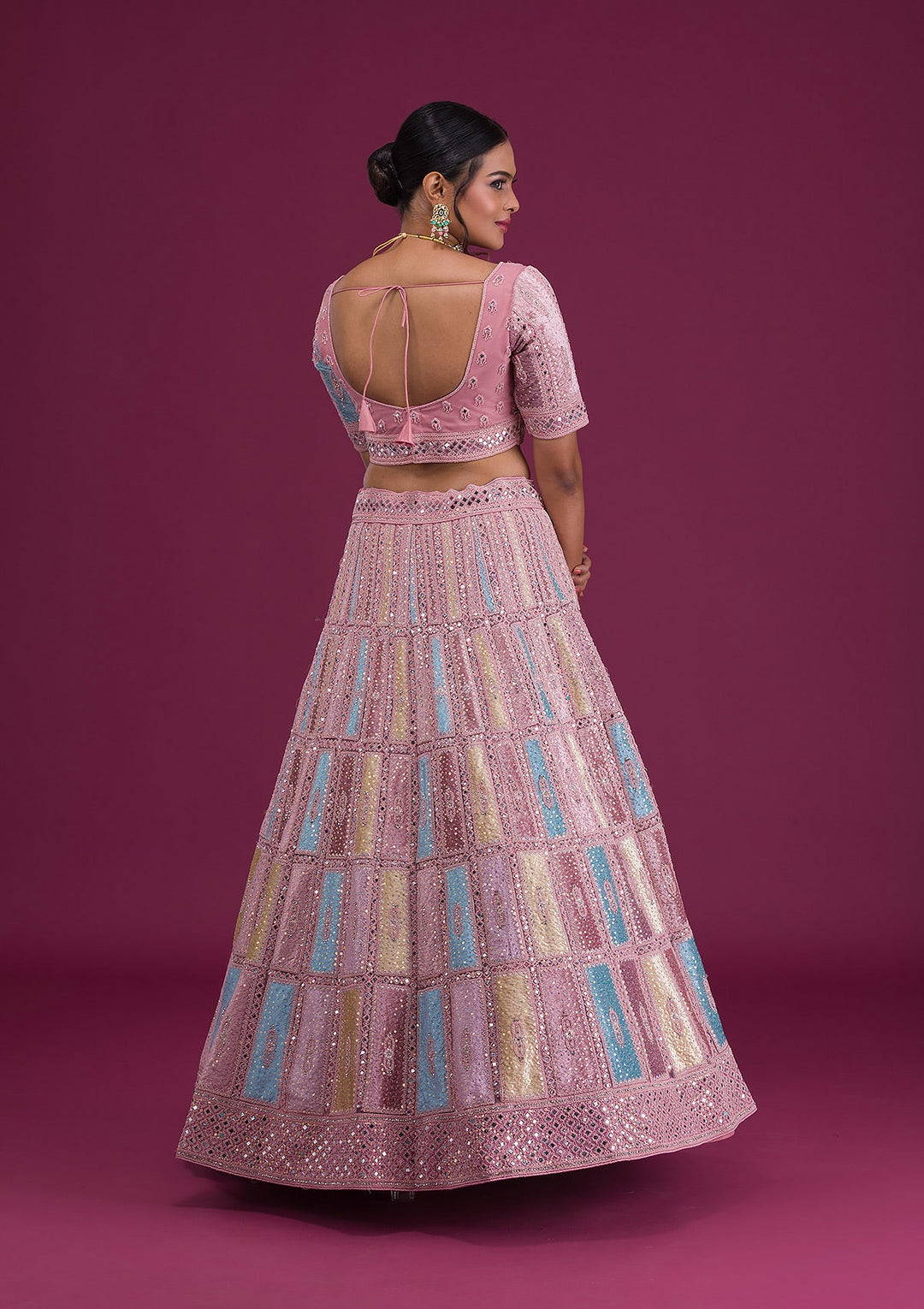 Pink Mirrorwork Net Semi Stitched Lehenga-Koskii