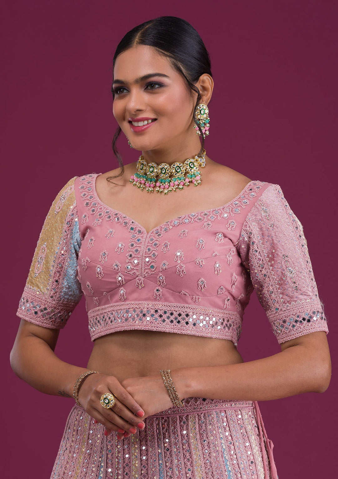 Pink Mirrorwork Net Semi Stitched Lehenga-Koskii