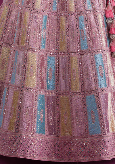 Pink Mirrorwork Net Semi Stitched Lehenga-Koskii