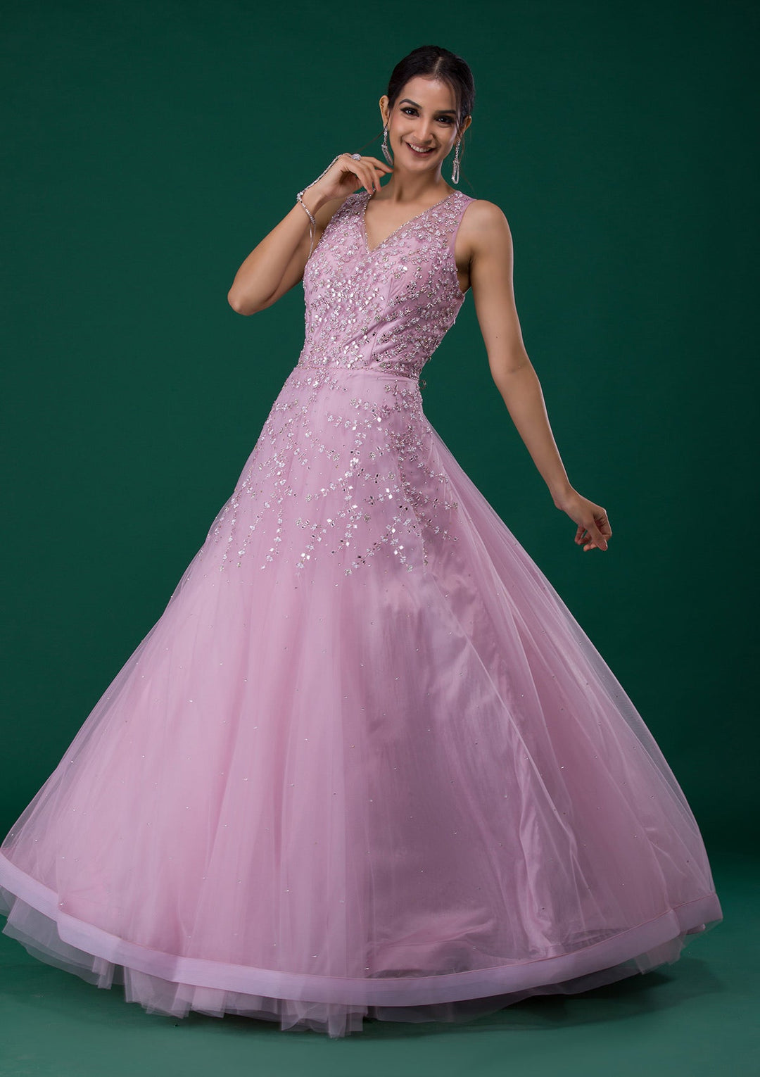 Pink Mirrorwork Net Designer Gown-Koskii