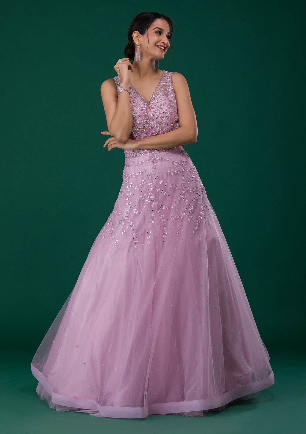 Pink Mirrorwork Net Designer Gown-Koskii