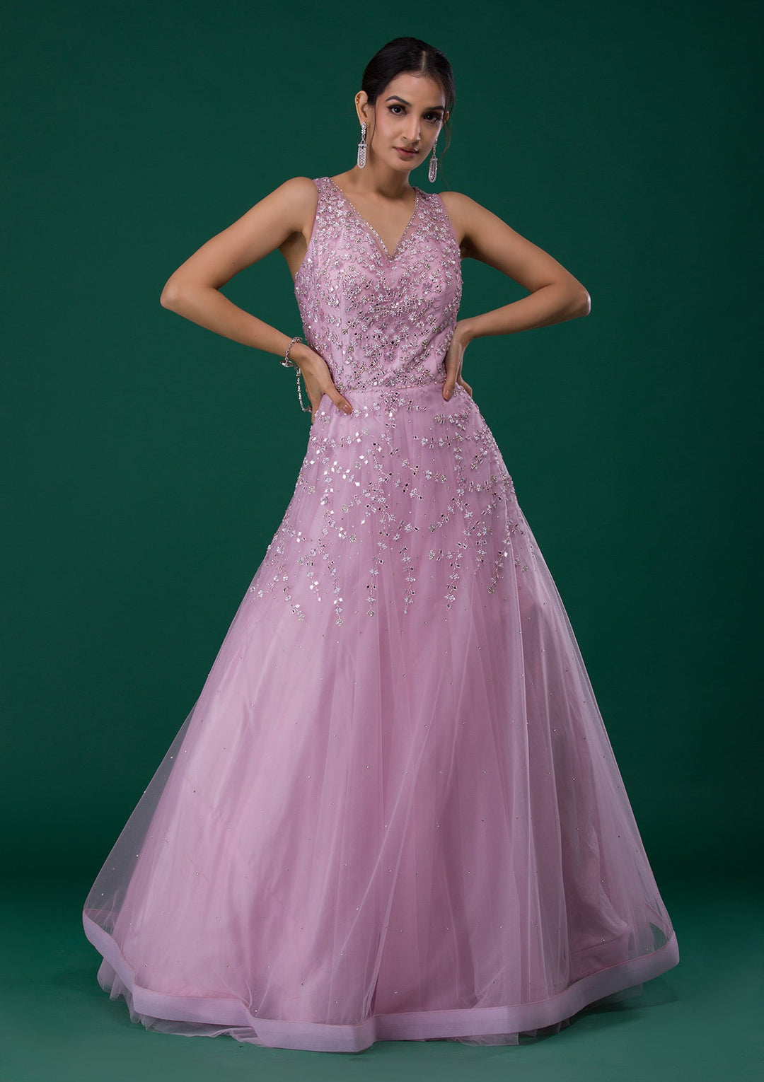 Pink Mirrorwork Net Designer Gown-Koskii