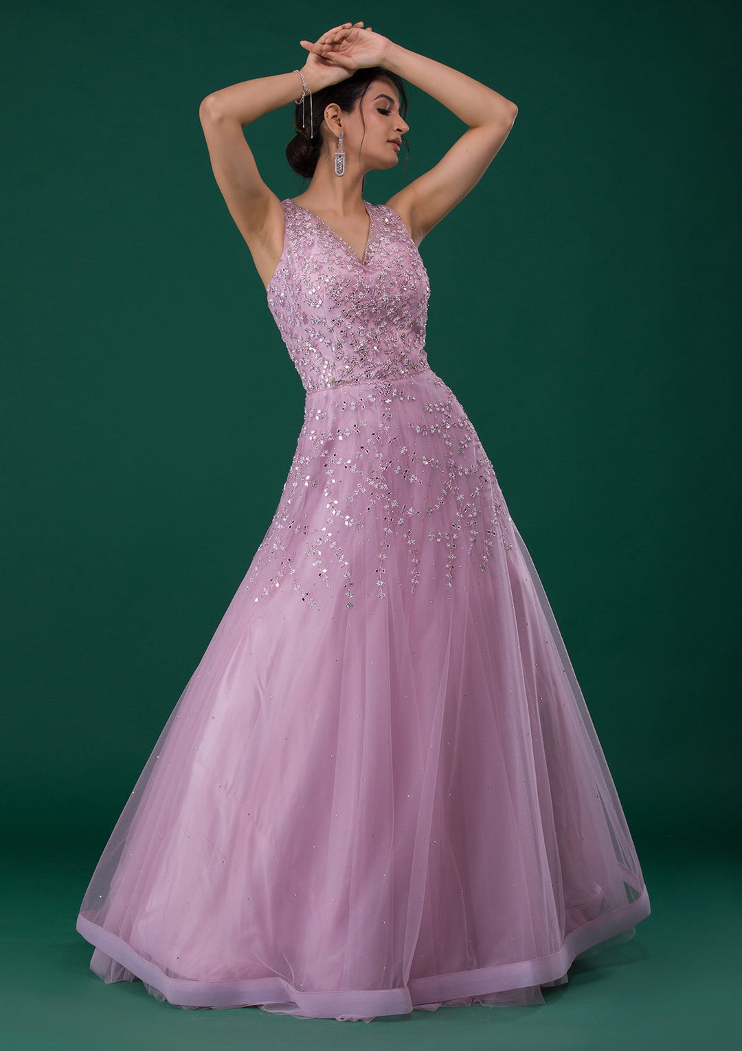 Pink Mirrorwork Net Designer Gown-Koskii