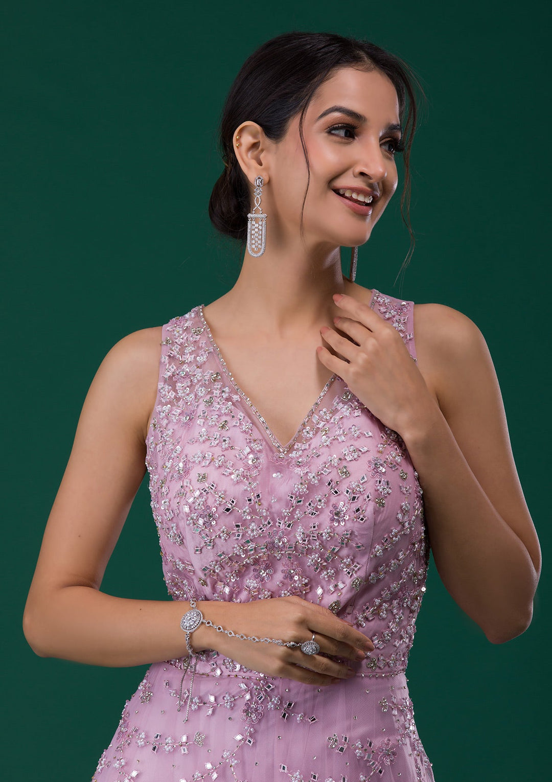 Pink Mirrorwork Net Designer Gown-Koskii