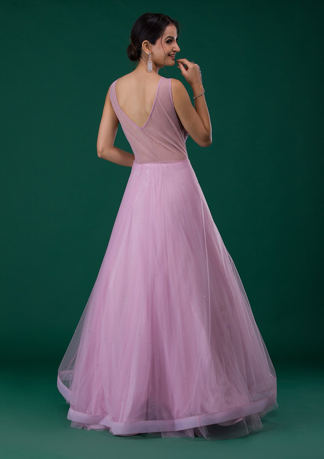Pink Mirrorwork Net Designer Gown-Koskii