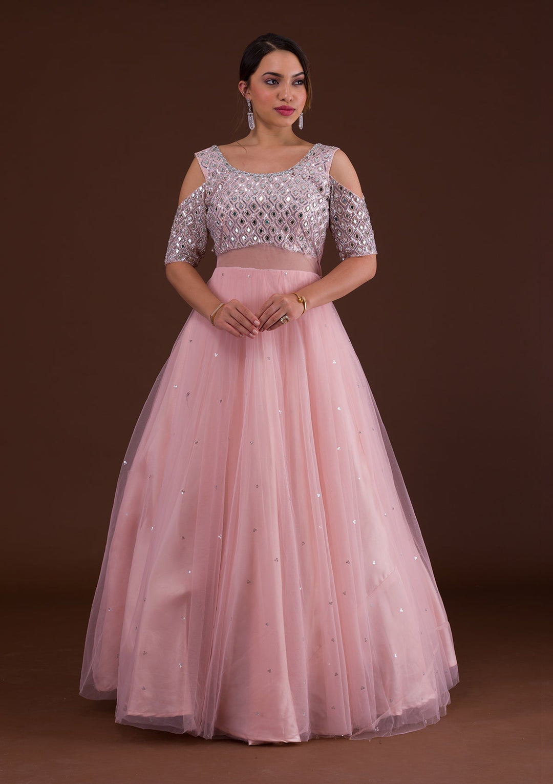 Pink Mirrorwork Net Designer Gown-Koskii