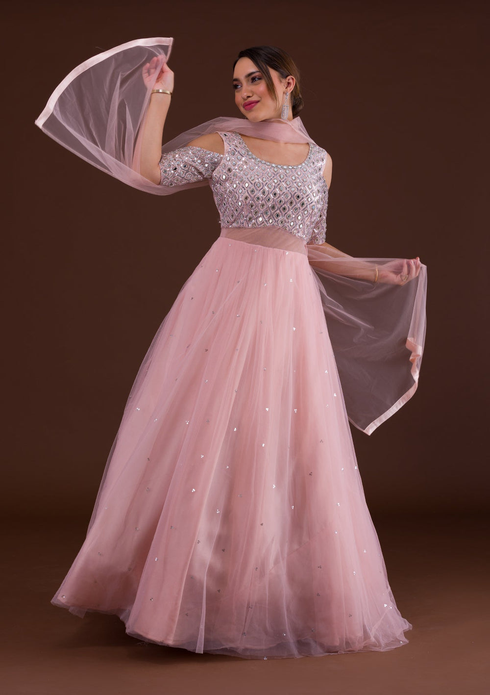 Pink Mirrorwork Net Designer Gown-Koskii
