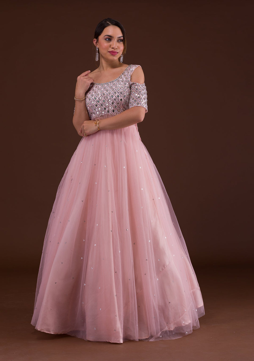 Pink Mirrorwork Net Designer Gown-Koskii
