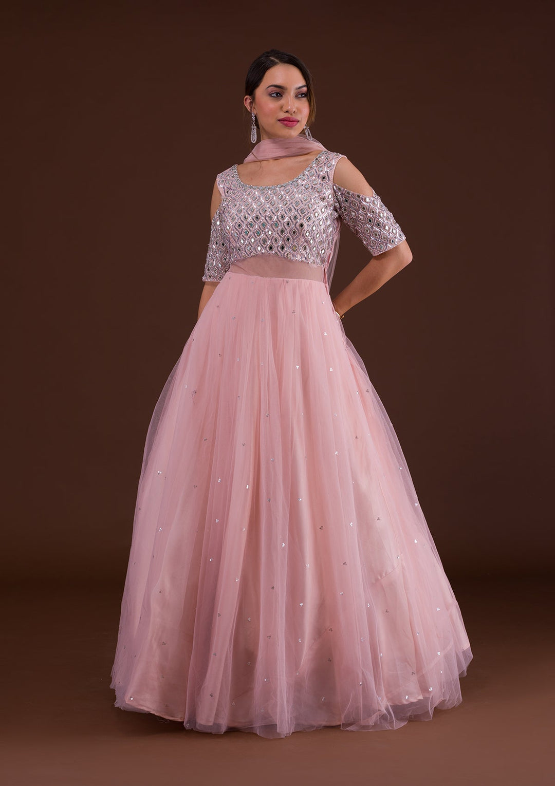 Pink Mirrorwork Net Designer Gown-Koskii