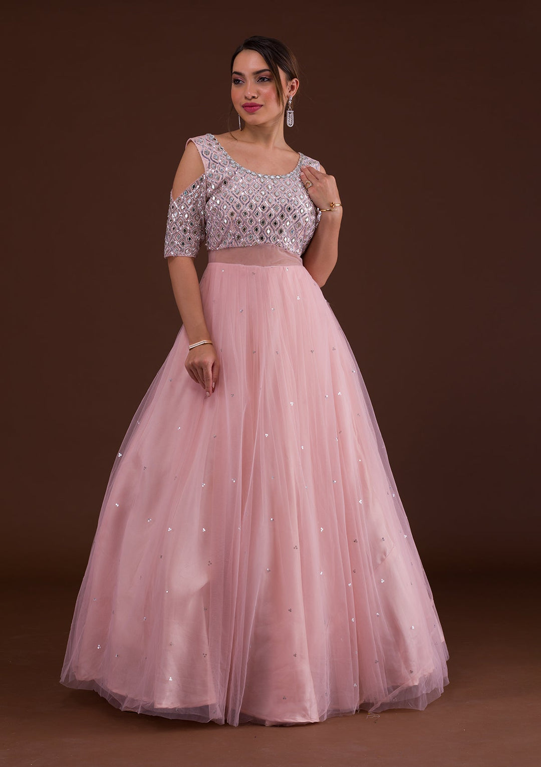 Pink Mirrorwork Net Designer Gown-Koskii