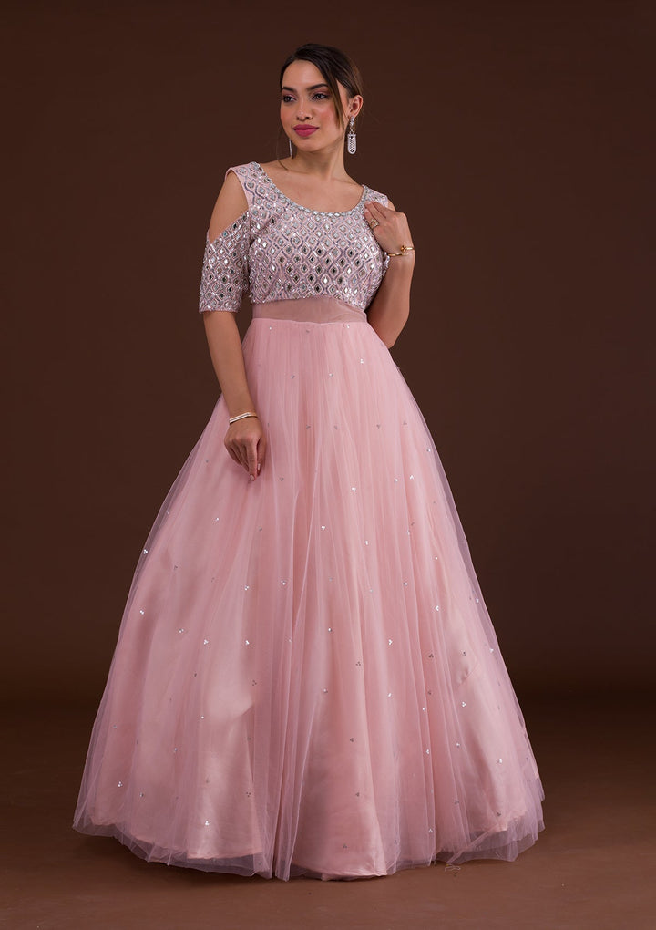 Pink Mirrorwork Net Designer Gown-Koskii