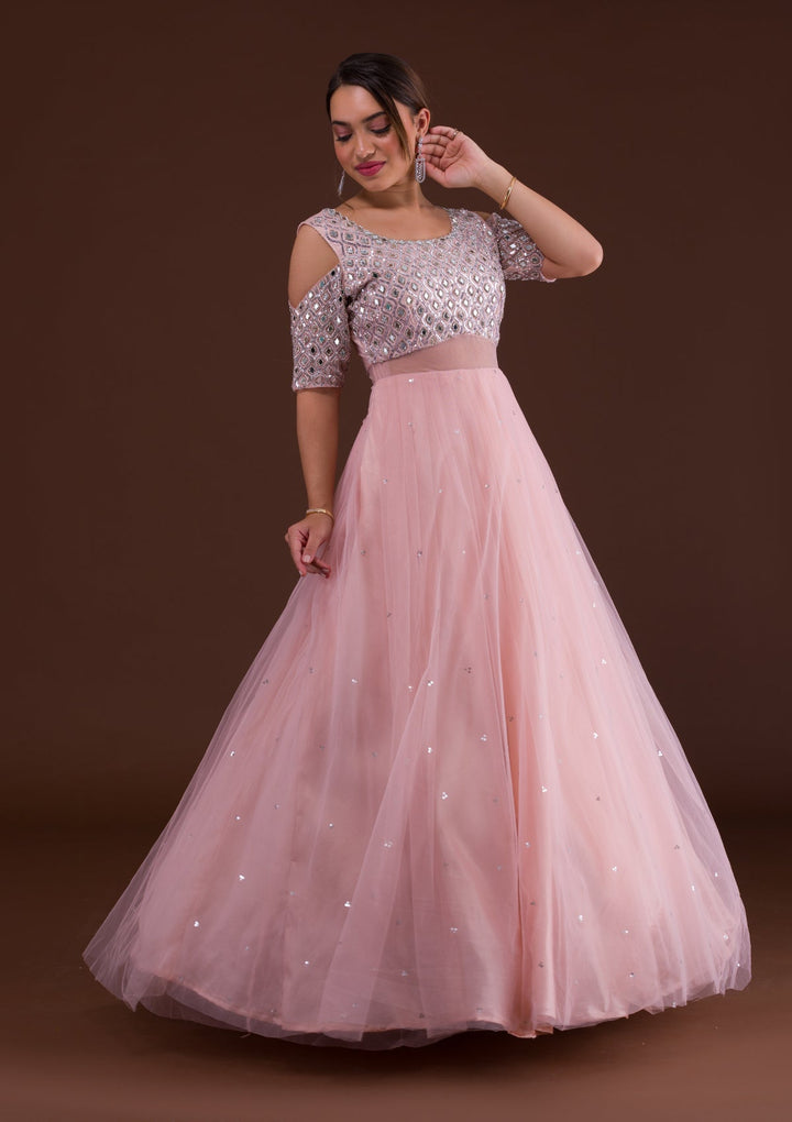 Pink Mirrorwork Net Designer Gown-Koskii