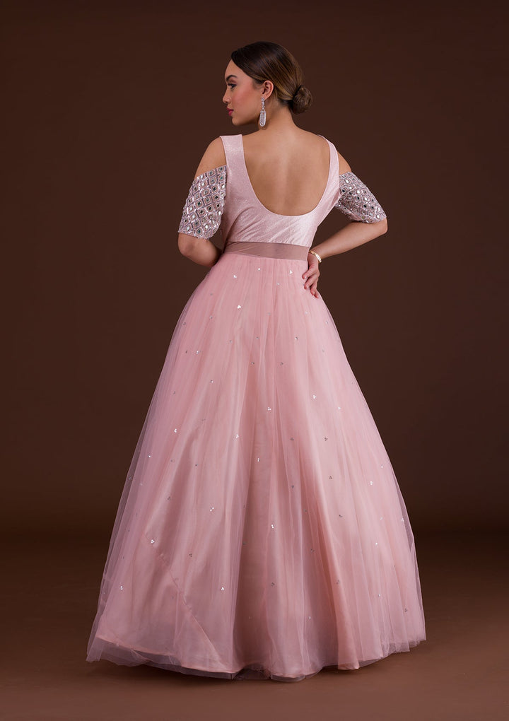 Pink Mirrorwork Net Designer Gown-Koskii
