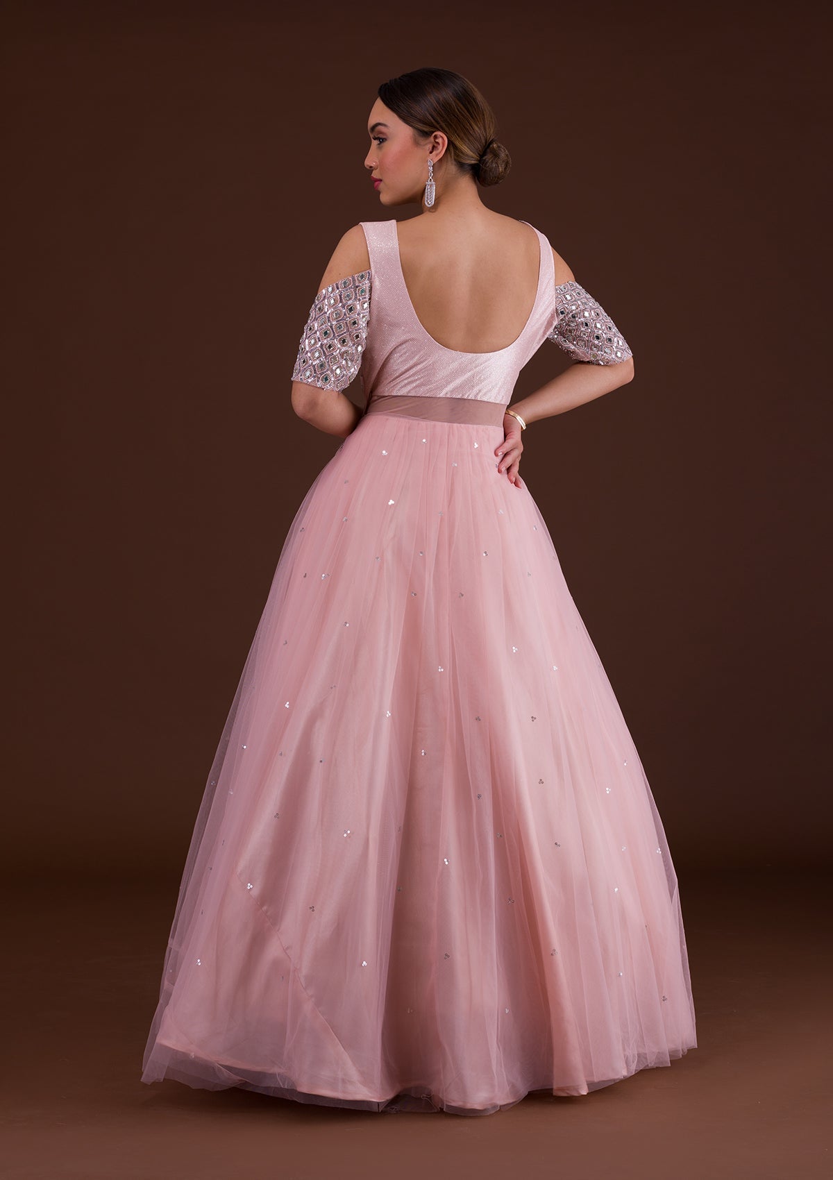 Pink Mirrorwork Net Designer Gown-Koskii