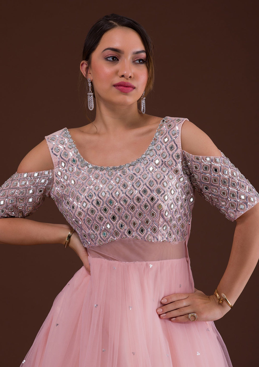 Pink Mirrorwork Net Designer Gown-Koskii