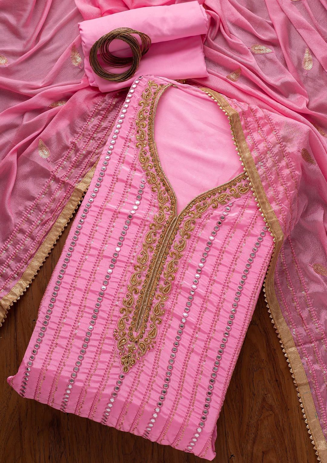 Pink Mirrorwork Semi Crepe Designer Unstitched Salwar Suit - koskii