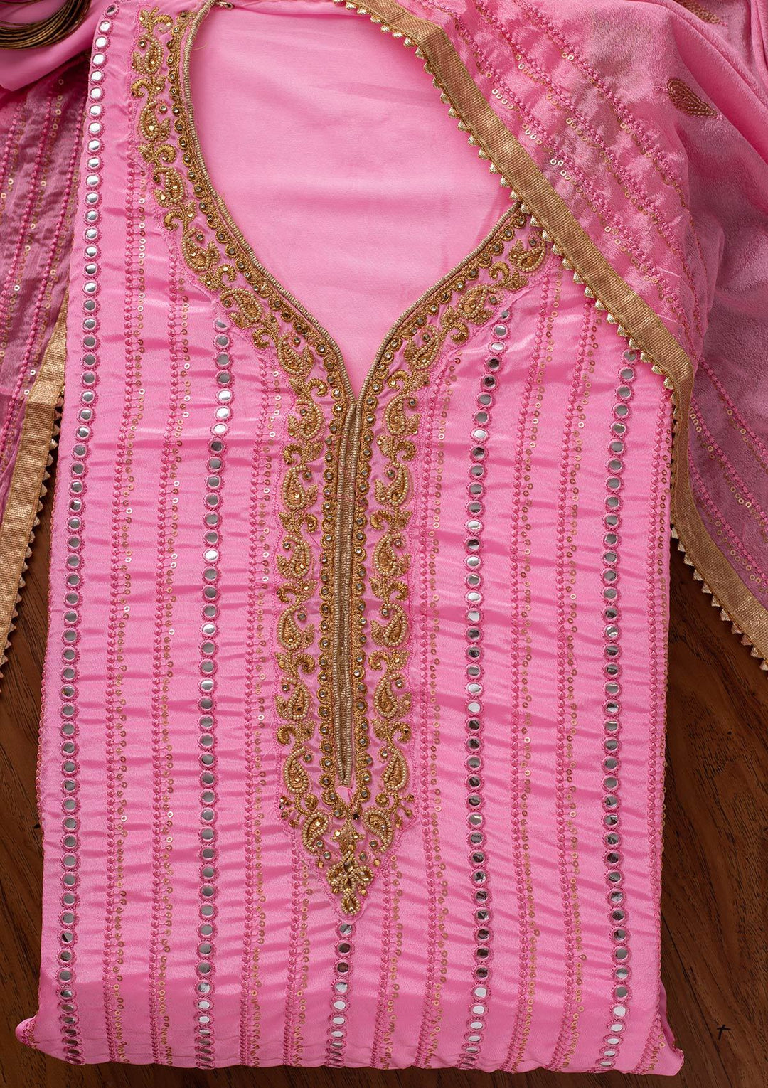 Pink Mirrorwork Semi Crepe Designer Unstitched Salwar Suit - koskii