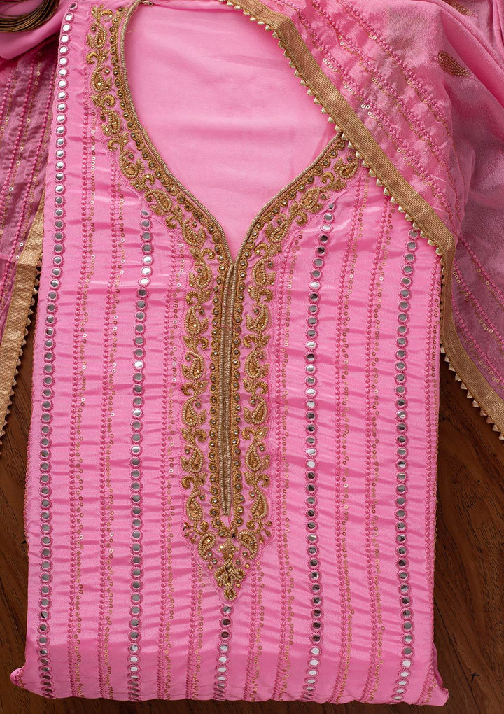 Pink Mirrorwork Semi Crepe Designer Unstitched Salwar Suit - koskii