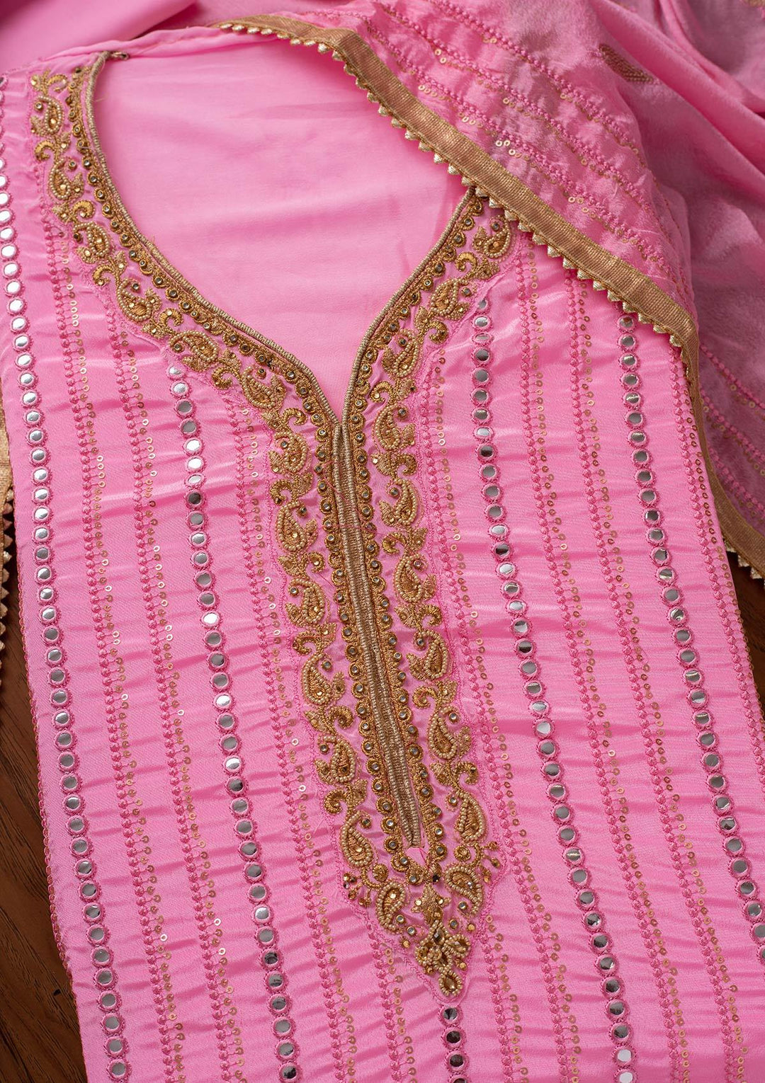 Pink Mirrorwork Semi Crepe Designer Unstitched Salwar Suit - koskii