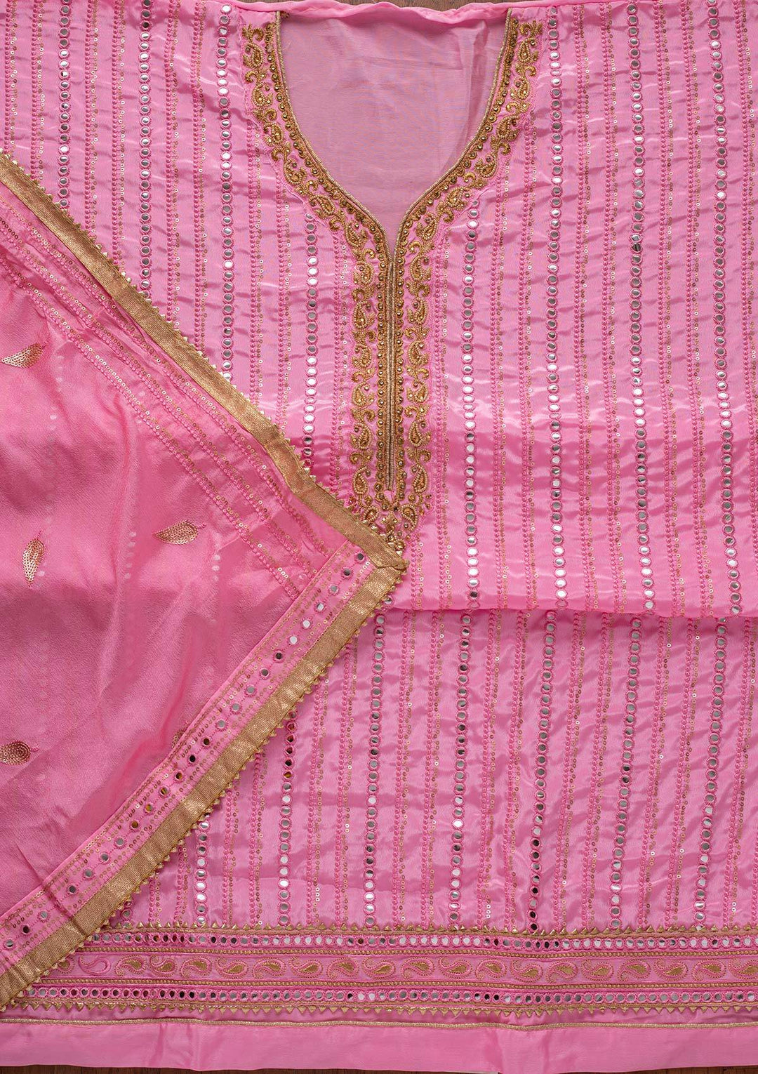 Pink Mirrorwork Semi Crepe Designer Unstitched Salwar Suit - koskii