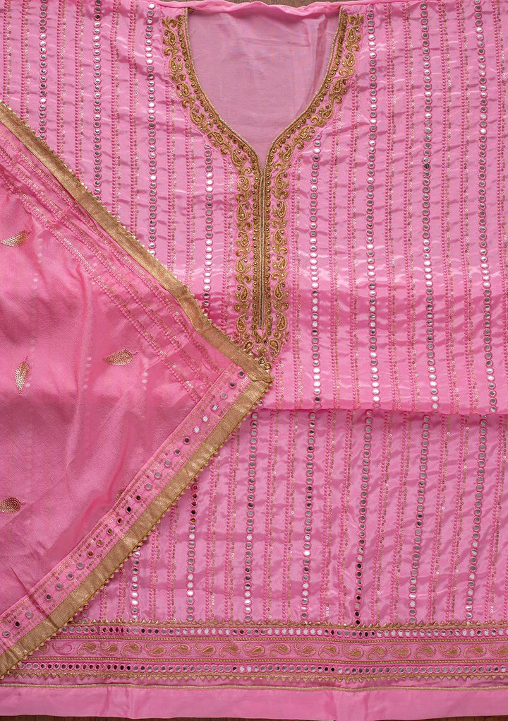 Pink Mirrorwork Semi Crepe Designer Unstitched Salwar Suit - koskii