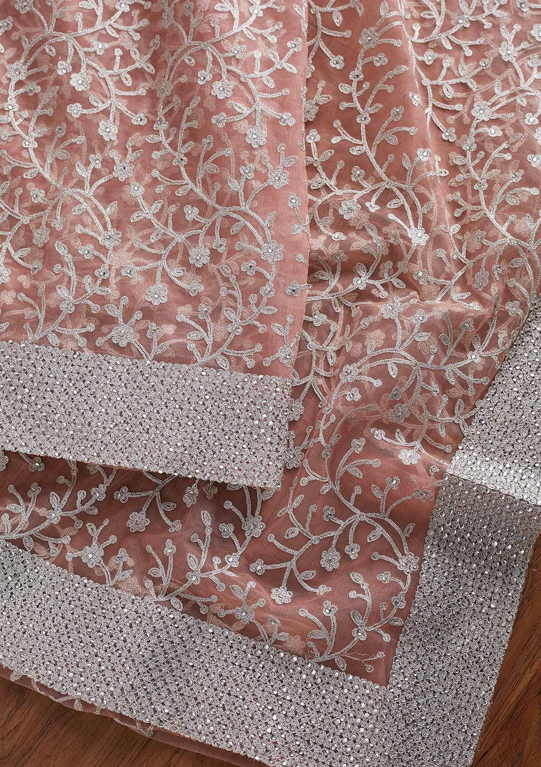 Pink Silver Zariwork Net Designer Saree - koskii
