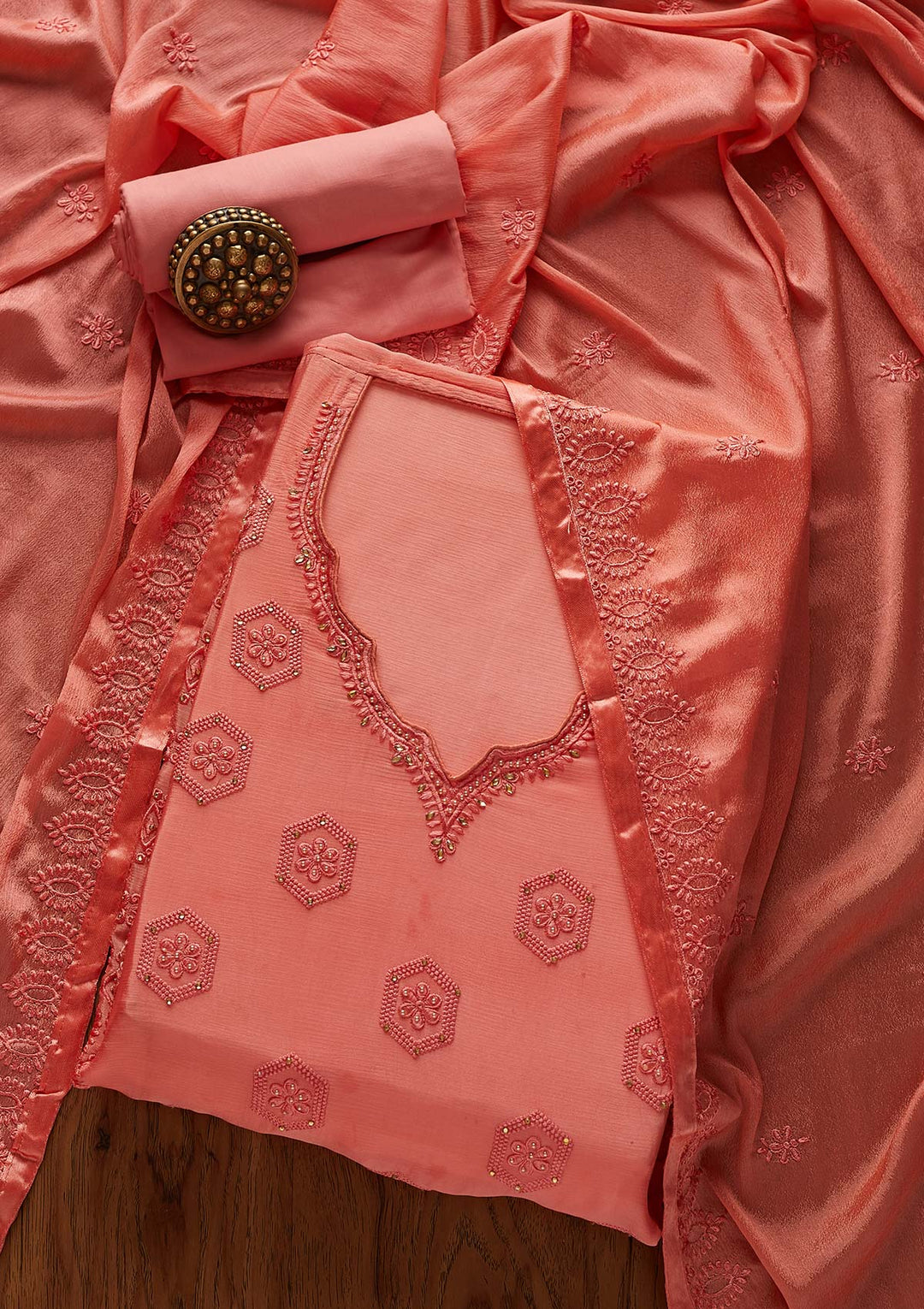 Pink Pearlwork Chiffon Designer Unstitched Salwar Suit - Koskii