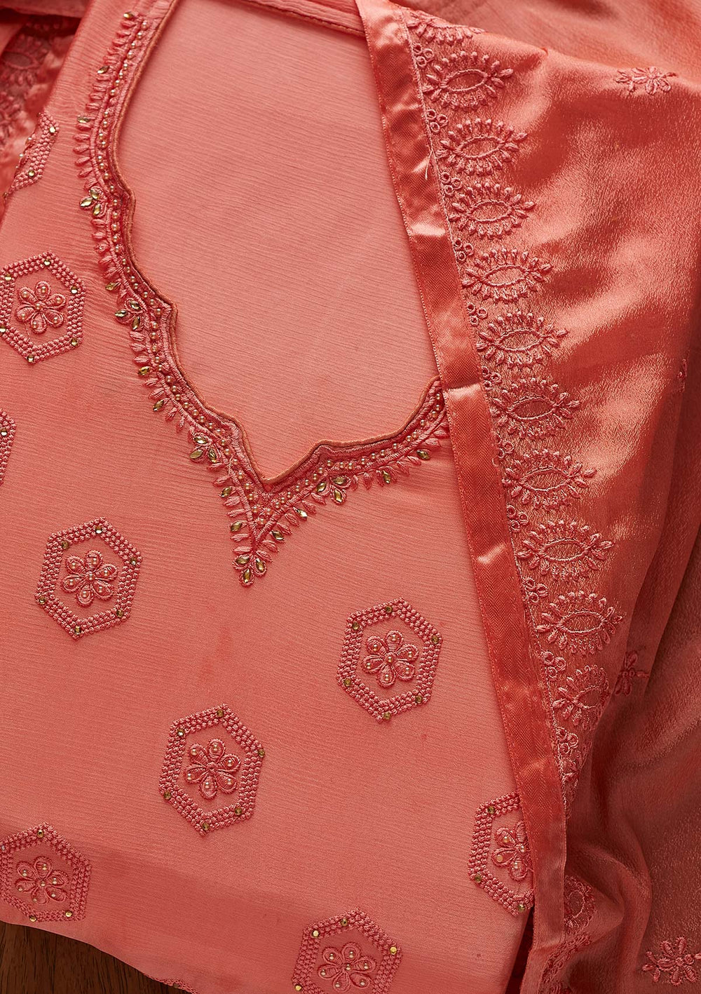 Pink Pearlwork Chiffon Designer Unstitched Salwar Suit - Koskii