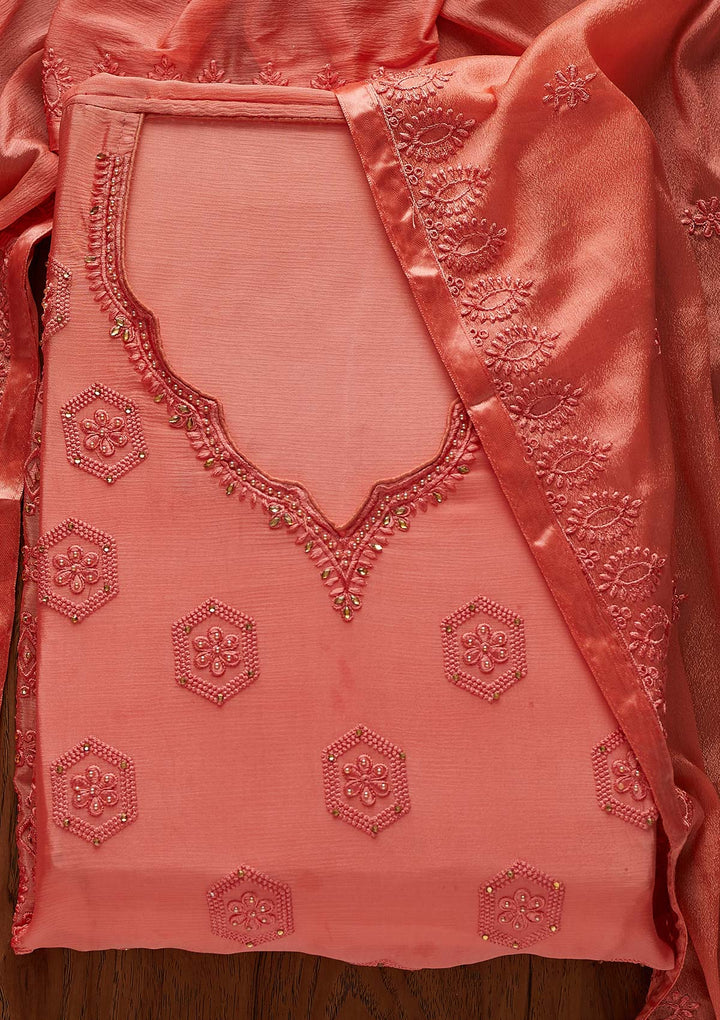 Pink Pearlwork Chiffon Designer Unstitched Salwar Suit - Koskii