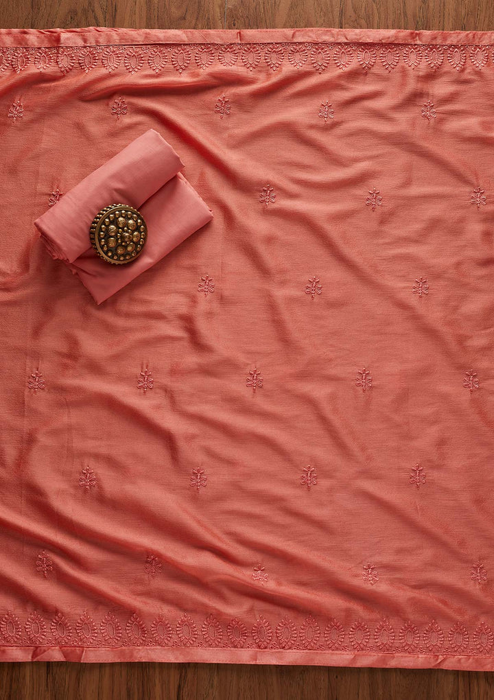 Pink Pearlwork Chiffon Designer Unstitched Salwar Suit - Koskii